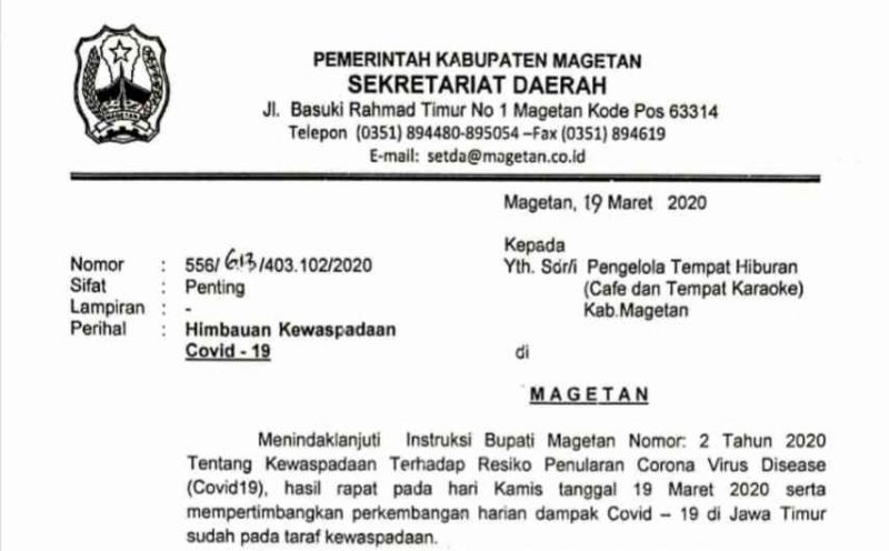 Surat Himbauan Pemkab Magetan Untuk Pengelola Kafe & Karaoke di Magetan.(Istimewa)